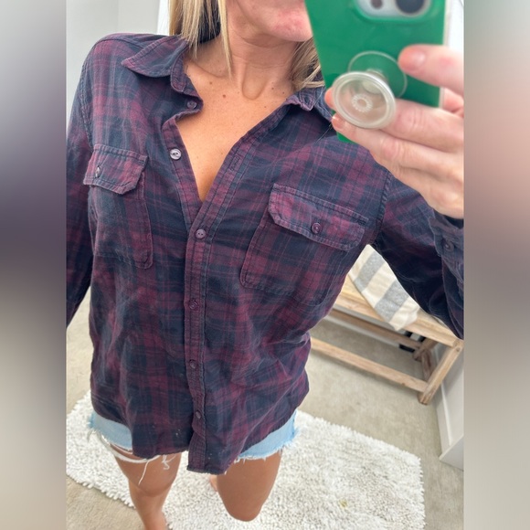 Paige red & blue Plaid Button Down Flannel blouse country western winter fall M - Picture 5 of 9